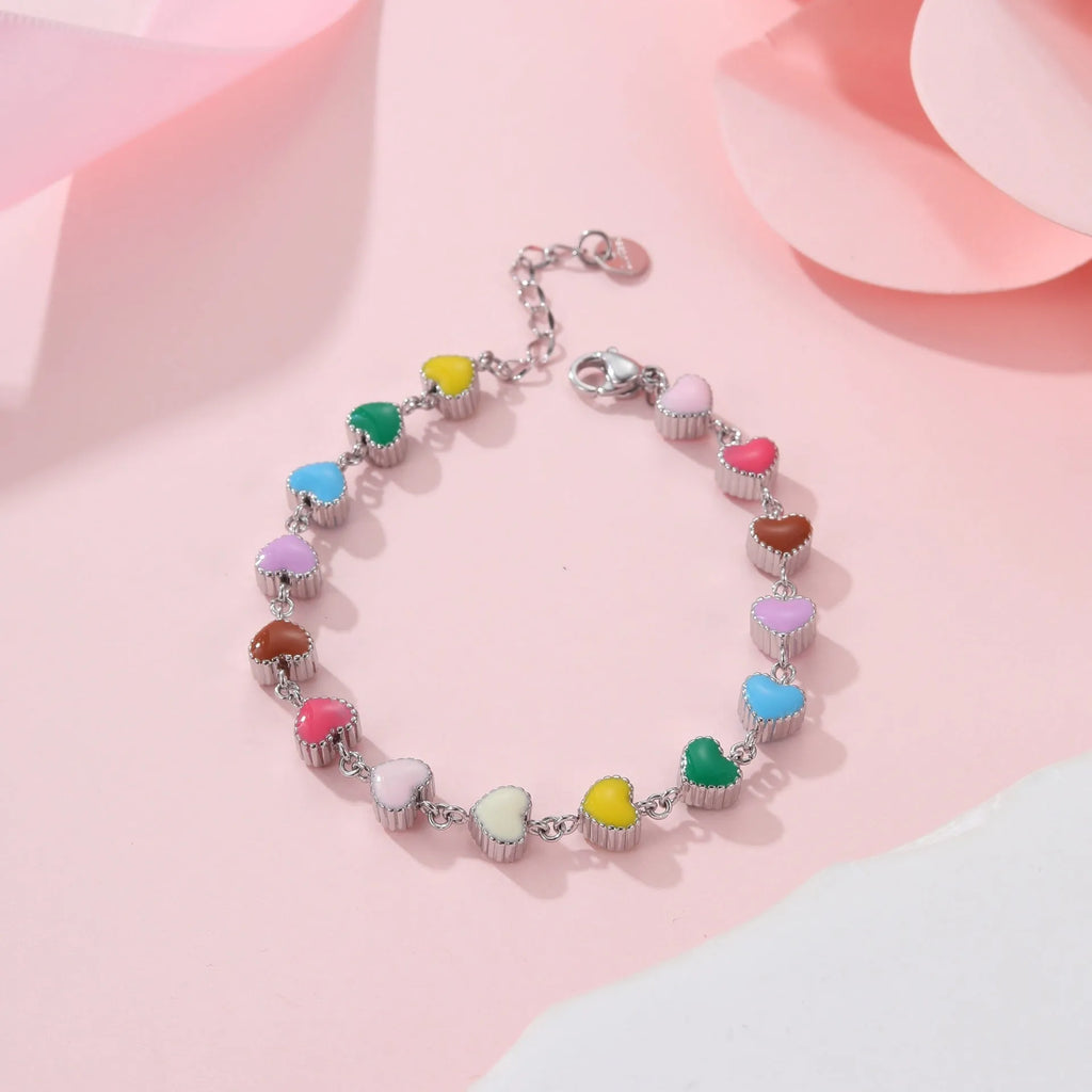 Love heart-shaped stainless steel bracelet with colourful oil titanium electroplated finish in gold colour