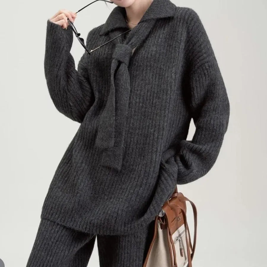 Acrylic fibre knit two-piece set with long sleeves in beige, dark coffee, dark grey or grey