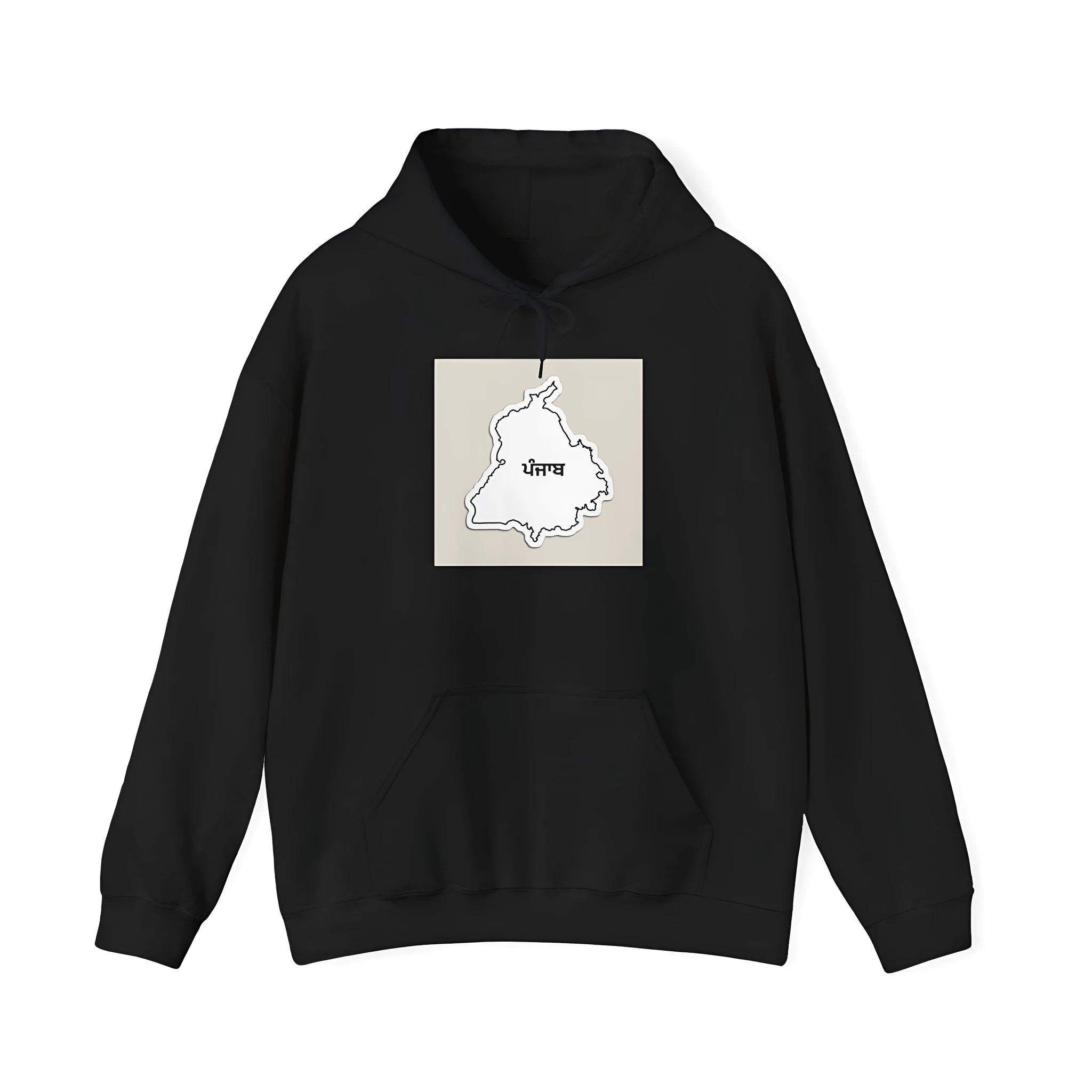Black polyester hoodie with drop-shoulder sleeves and kangaroo pockets in loose fit casual style