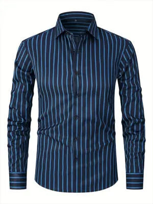 Men's striped long sleeve business shirt slim fit polyester blend fabric