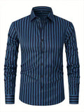Men's striped long sleeve business shirt slim fit polyester blend fabric