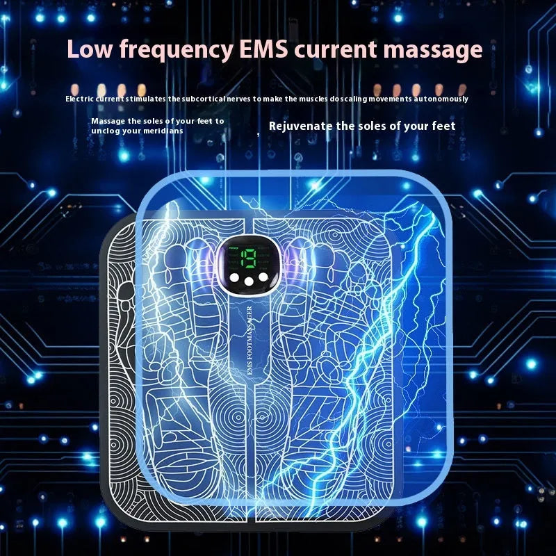 Blue rechargeable foot massager mat with USB cable and push-button controls on a floor.