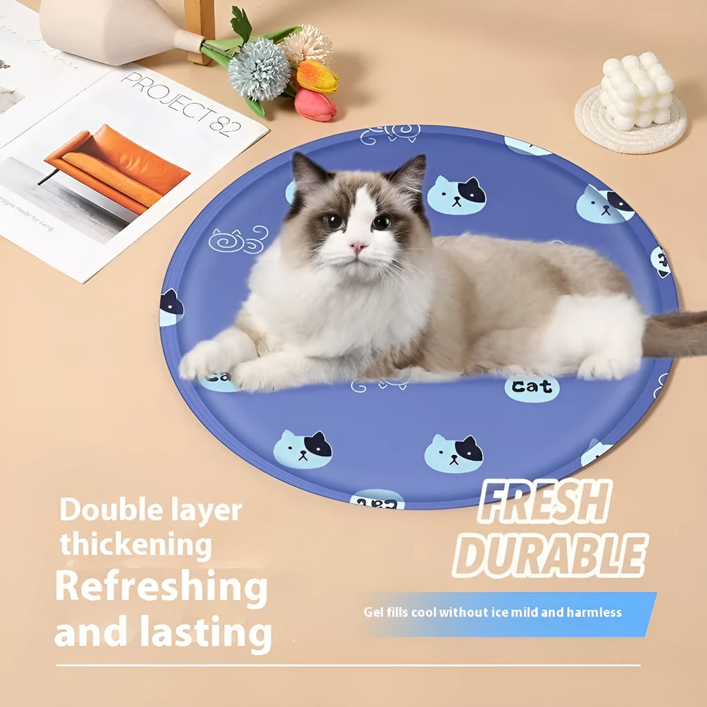 Round pet cooling mat with cartoon design options for dogs in two size variations