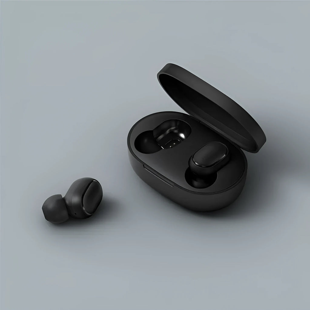 Redmi AirDots 2 black true wireless Bluetooth earbuds and charging case.
