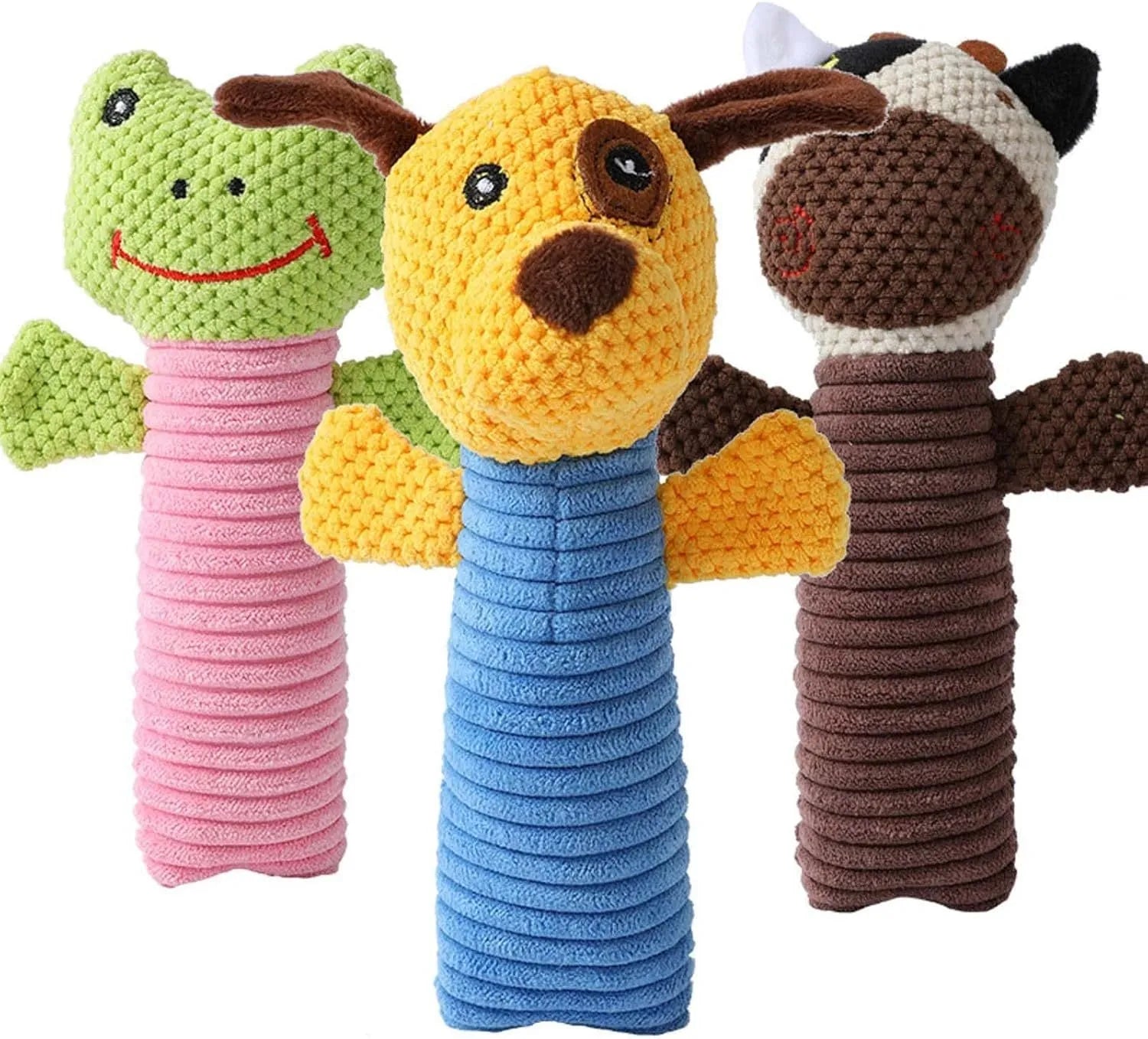 Squeaky plush dog chew toy in animal shape for dental cleaning, 19cm long
