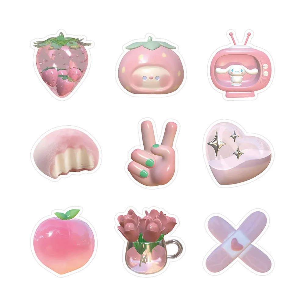 Pink girl heart realistic 3D decorative stickers in a cute style, 63 pieces per pack.