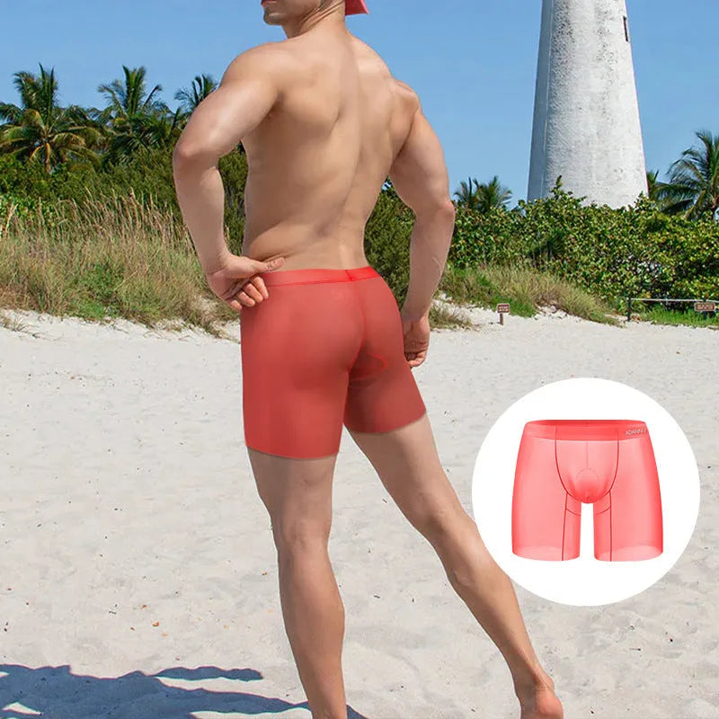 Men's ice silk boxer shorts in orange, pink and red colours with low waist design