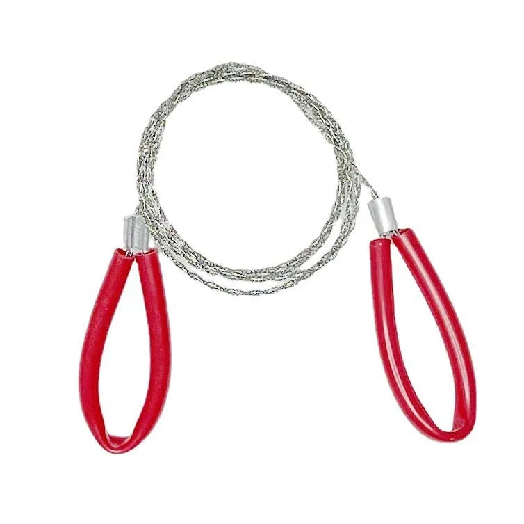 German stainless steel survival wire saw with black leather hand case, showing the four-strand cutting wire.