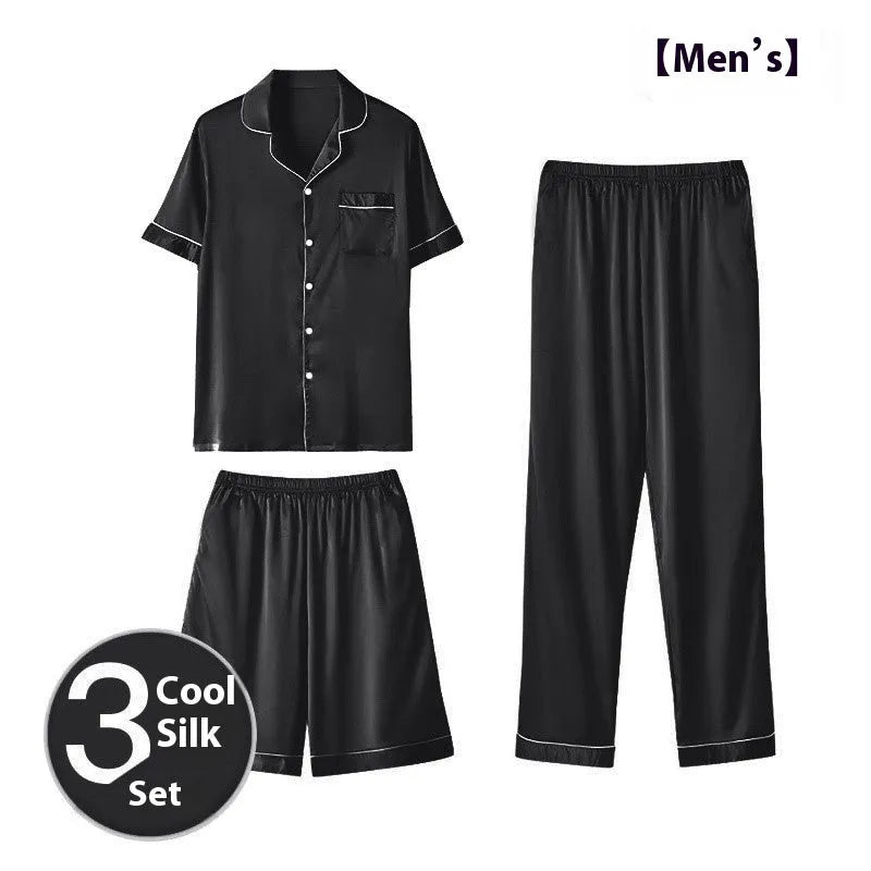 Men's ice silk three-piece homewear set showing long trousers, shorts, and top in thin lightweight fabric