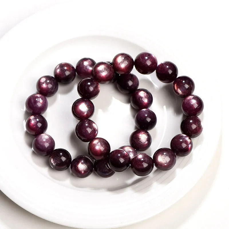 Natural purple lepidolite crystal bracelet with polished round beads in geometric shape