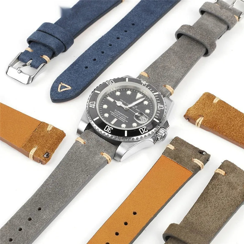 Brown suede genuine leather watch strap with ethnic style design, shown in 20mm width