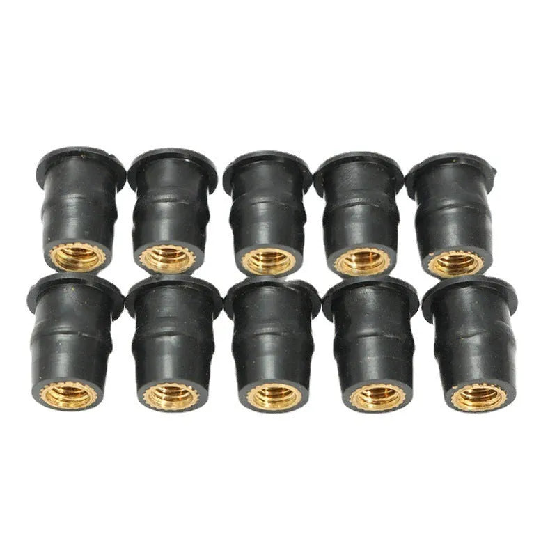 Black rubber expansion nuts with brass inserts for motorcycle windshield mounting in M4 M5 M6 sizes