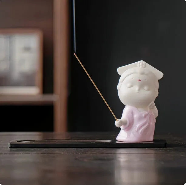 Ceramic female court attendant incense burner decoration in traditional colours