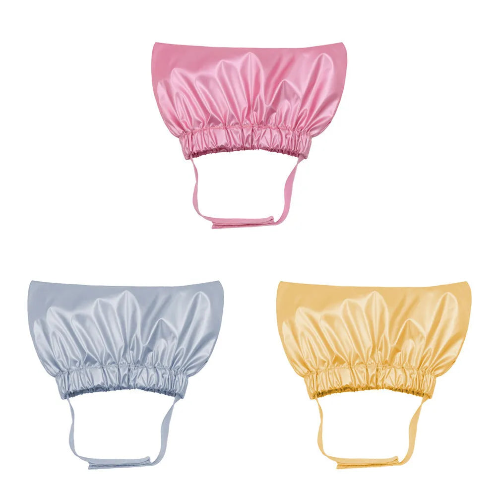 Pet shower cap for cats and dogs in gold, pink or silver with adjustable ear protection