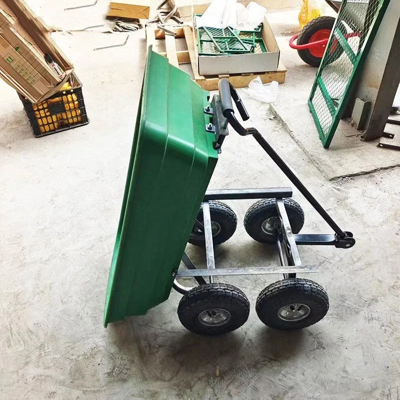 Green four-wheel plastic dump truck with steel PP body for garden material transport