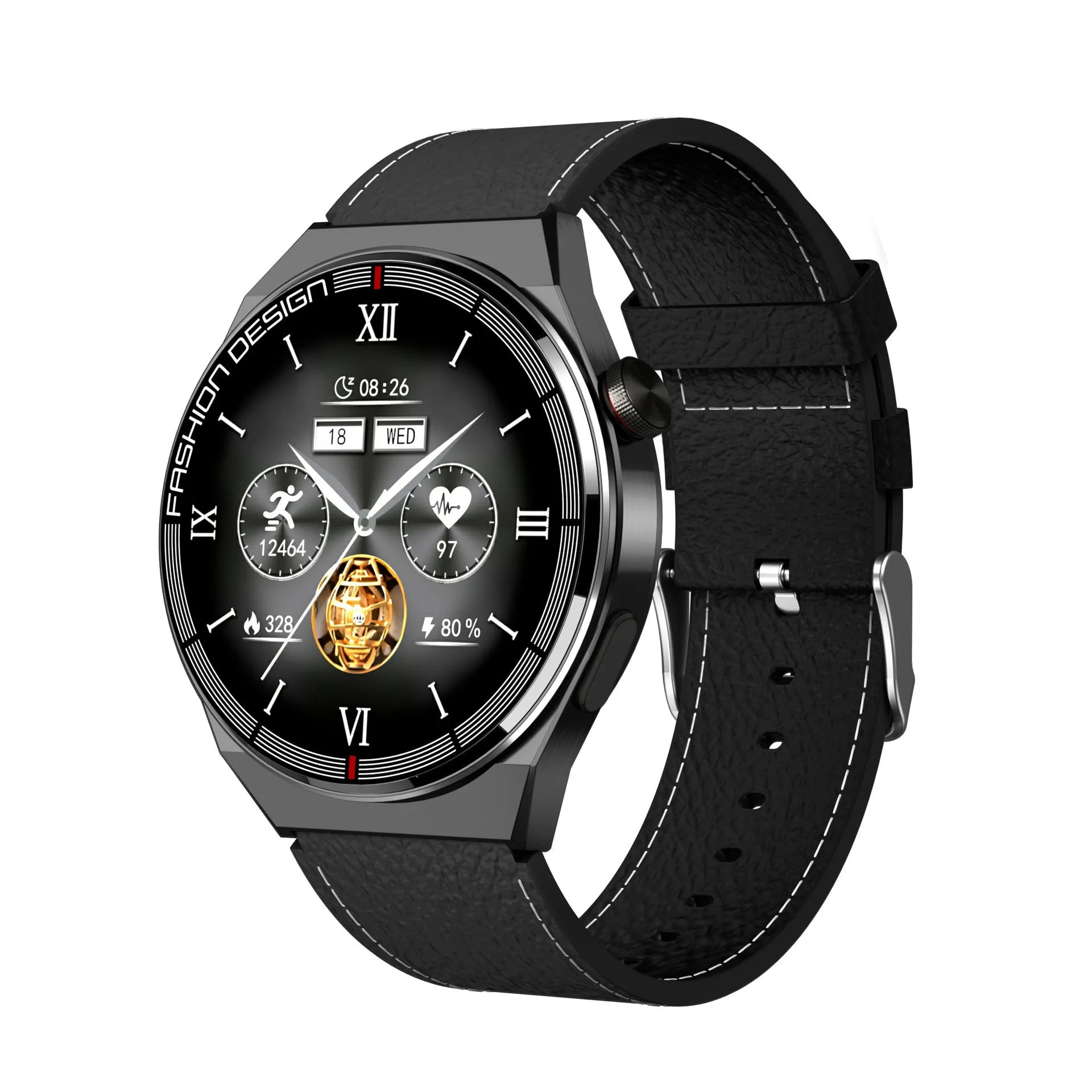 Black smartwatch with 1.28 inch screen showing heart rate and step count data on a silicone strap