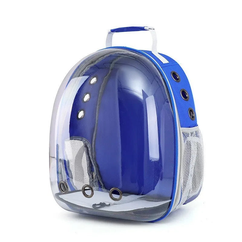 Grey astronaut-style structured cat carrier bag with a side-opening door