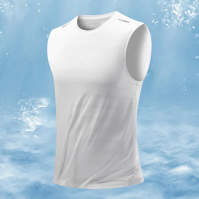 Men's loose fit sleeveless waistcoat vest in a solid colour, showing straight hem design.
