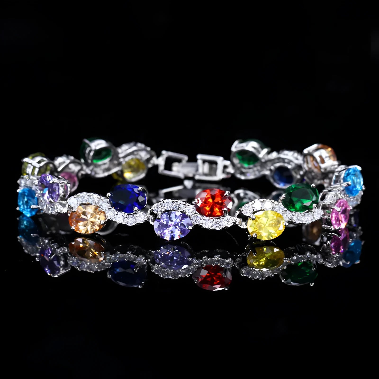 Copper gold plated bracelet with AAA+ zircon stones showing geometric design and 18.4 cm length