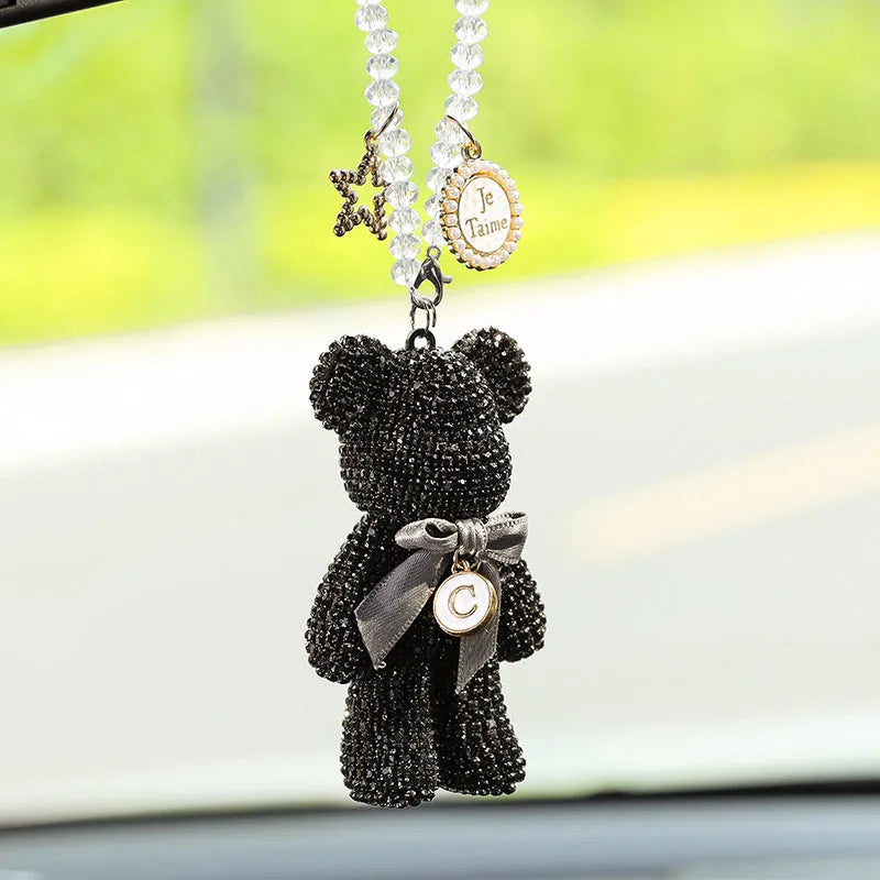 Diamond-embedded Violent Bear car rearview mirror pendant with artificial crystal rhinestones in 5x9cm size