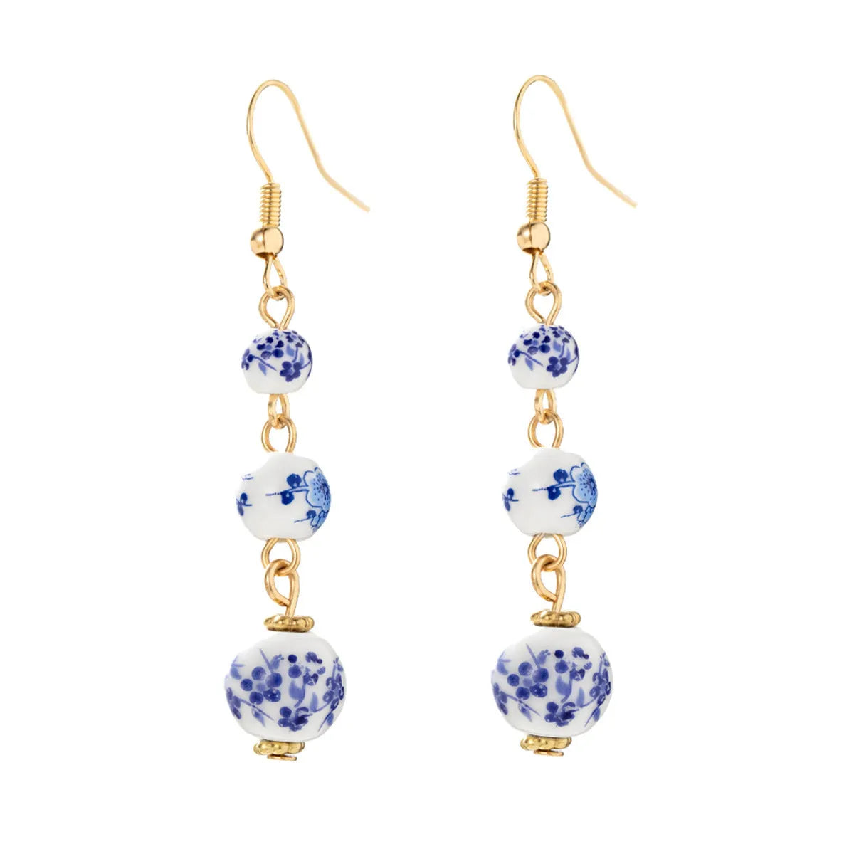 Long blue and white porcelain ceramic bead earrings with alloy frame in a retro Chinese style.