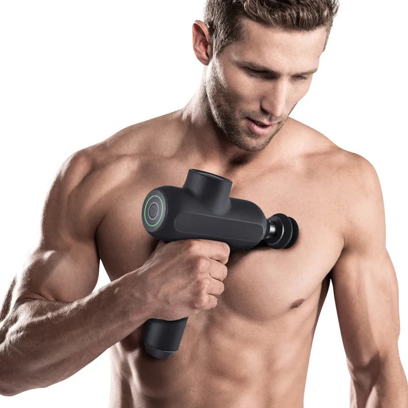 Black rechargeable electric muscle massager with six circular heads showing size and button control.