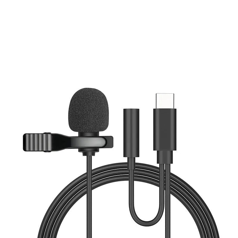 Black wired lavalier clip microphone with 3.5mm plug and 1.5m cable for iPhone recording.