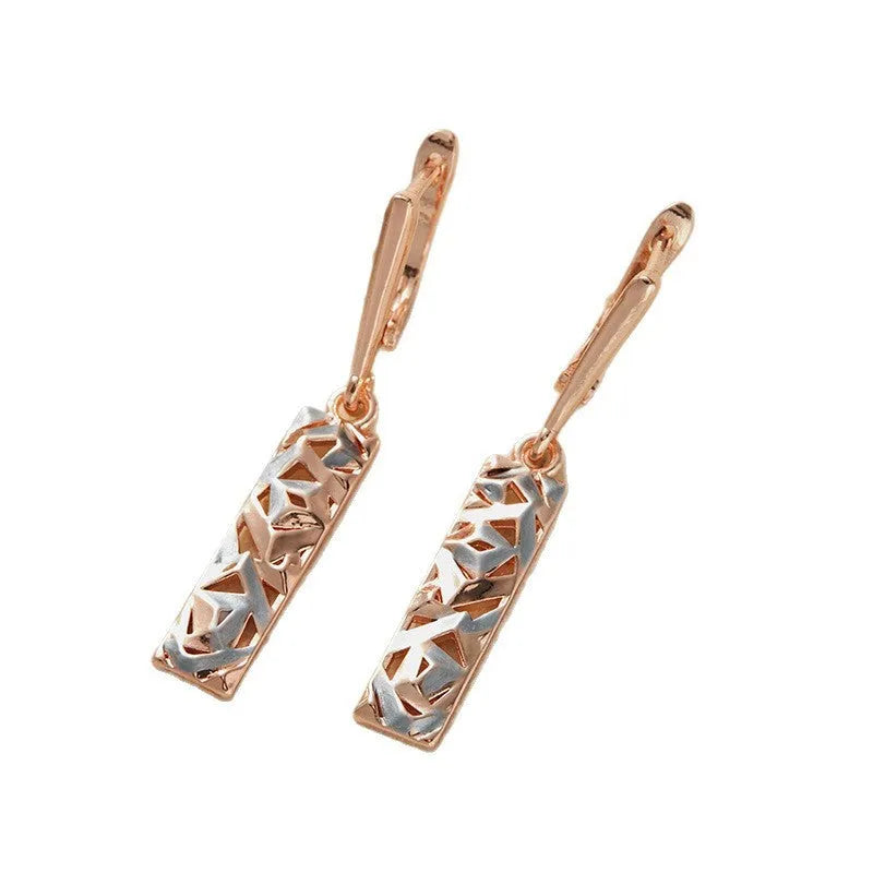 Rectangular two-tone hollow stud earrings with geometric design and electroplated alloy construction