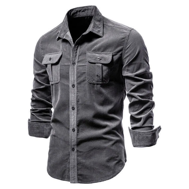 Men's blue linen long sleeve casual shirt on a hanger, showing button front and collar.