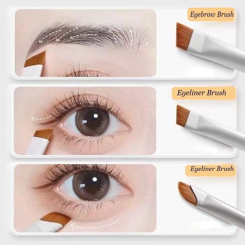Four angled eyeliner and eyebrow makeup brushes stored in a brown leather case.