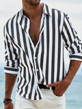 Men's loose striped long-sleeved cardigan shirt in British style on a hanger