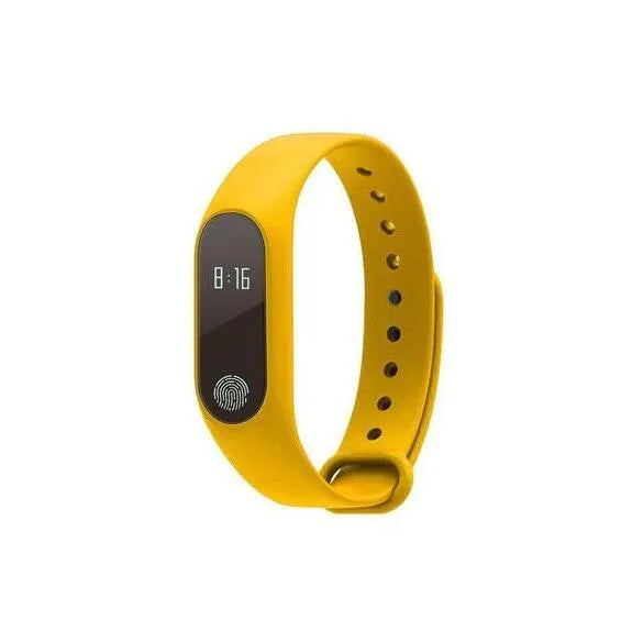 Waterproof smart fitness tracker hand ring on a wrist, showing heart rate monitoring and available in multiple colours.