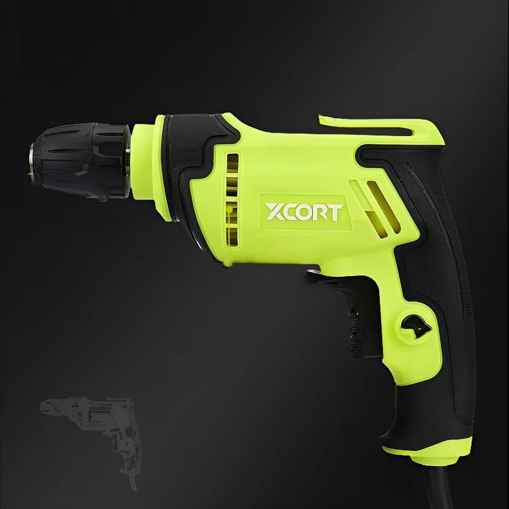 Pistol grip electric power drill with a 10mm keyed chuck on a workbench.