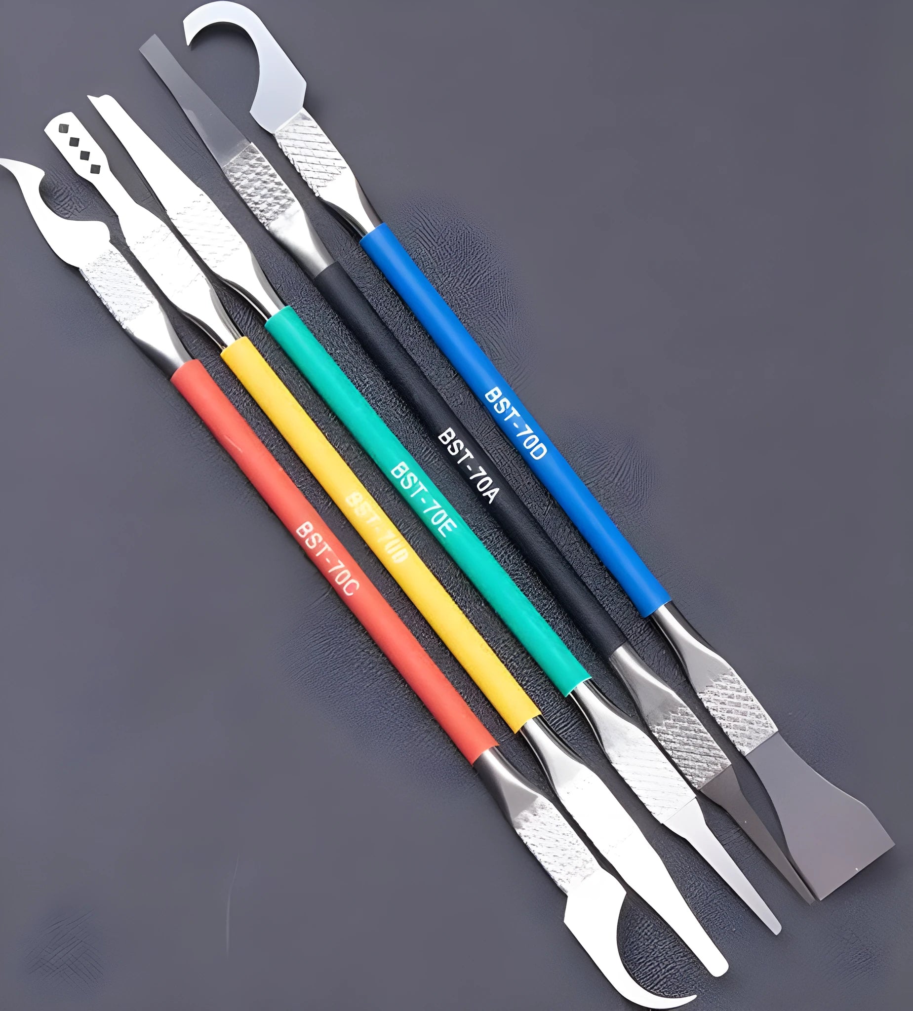 Five piece plastic disassembly tool set with stainless steel blades and crowbar tool for component removal