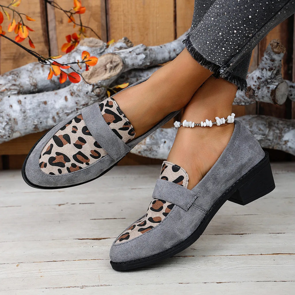Leopard print suede slip-on shoes with a chunky mid heel and pointed toe in pink, brown, or khaki.