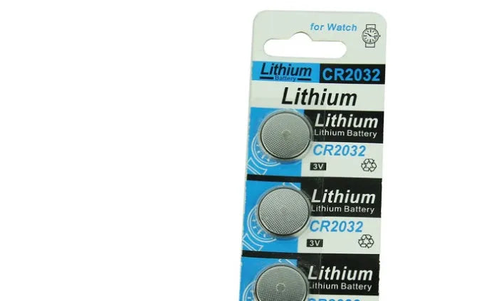 CR2032 3-volt lithium button cell battery on a card, showing its 20mm diameter and silver colour.