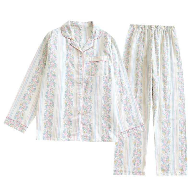 Women's cotton double-layer gauze pyjama set with long sleeves and trousers in colour stripes pattern