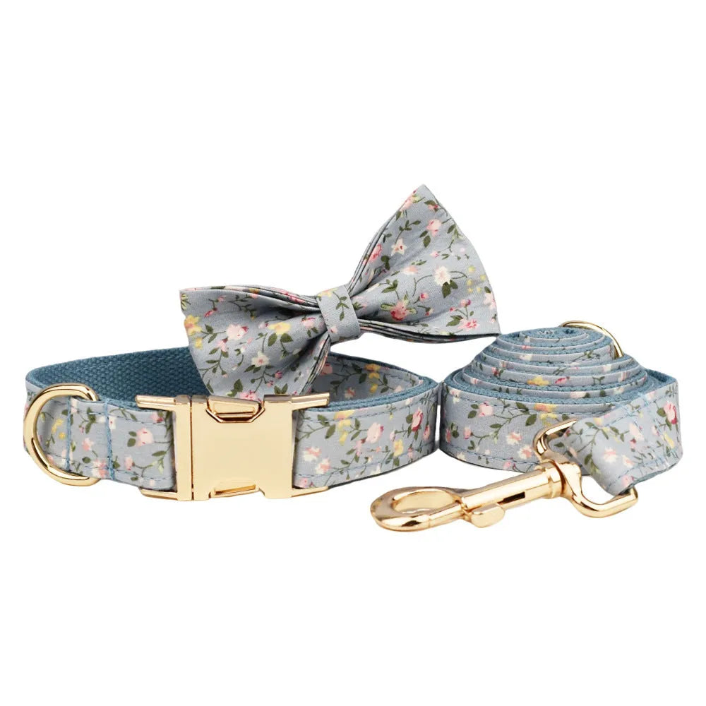 Blue floral patterned polyester cotton dog collar with adjustable fastener and coordinating accessories