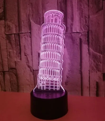 3D Leaning Tower of Pisa nightlight showing colour-changing acrylic design on black ABS base