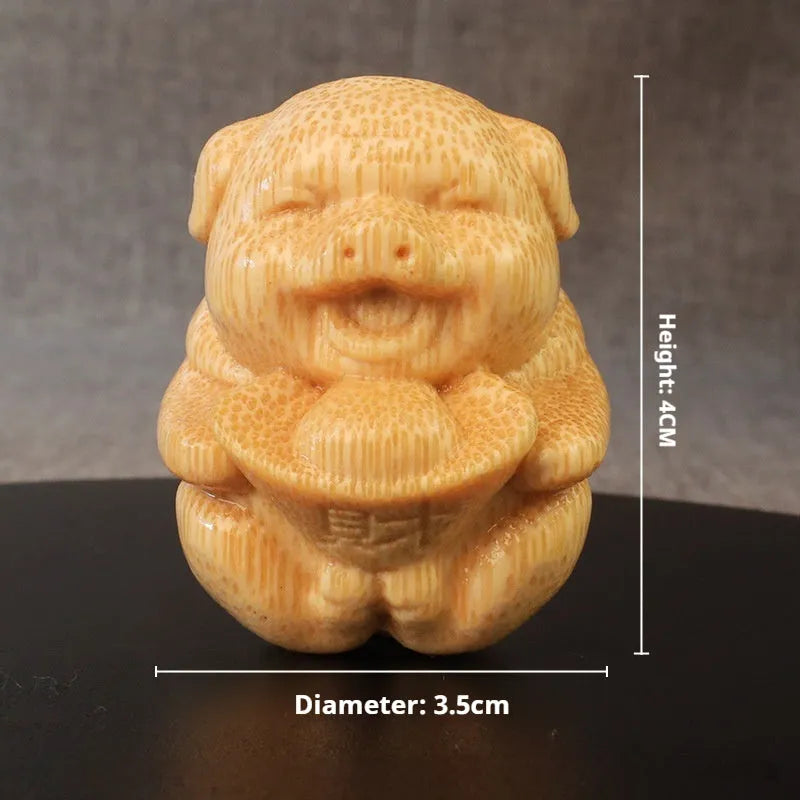 Fulu pig bamboo carving ornament measuring 4cm height with 3.5cm diameter in solid bamboo material
