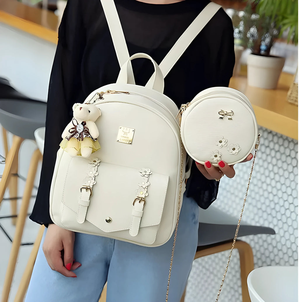 Women's three-piece floral PU leather backpack set with school backpack, shoulder bag, and card purse