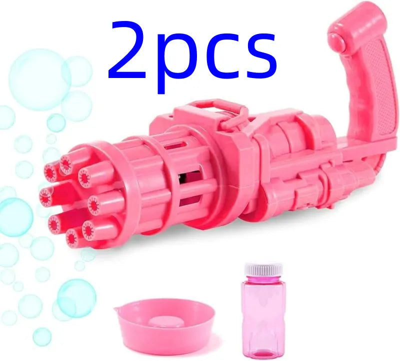 Child's plastic bubble blower gun in pink, gold, or black with removable bubble head for use as a fan.