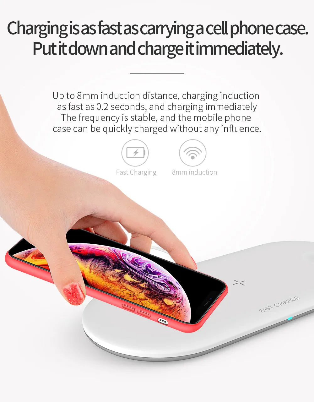 Black three-in-one wireless charging station for iPhone, Apple Watch and headphones on a desk.