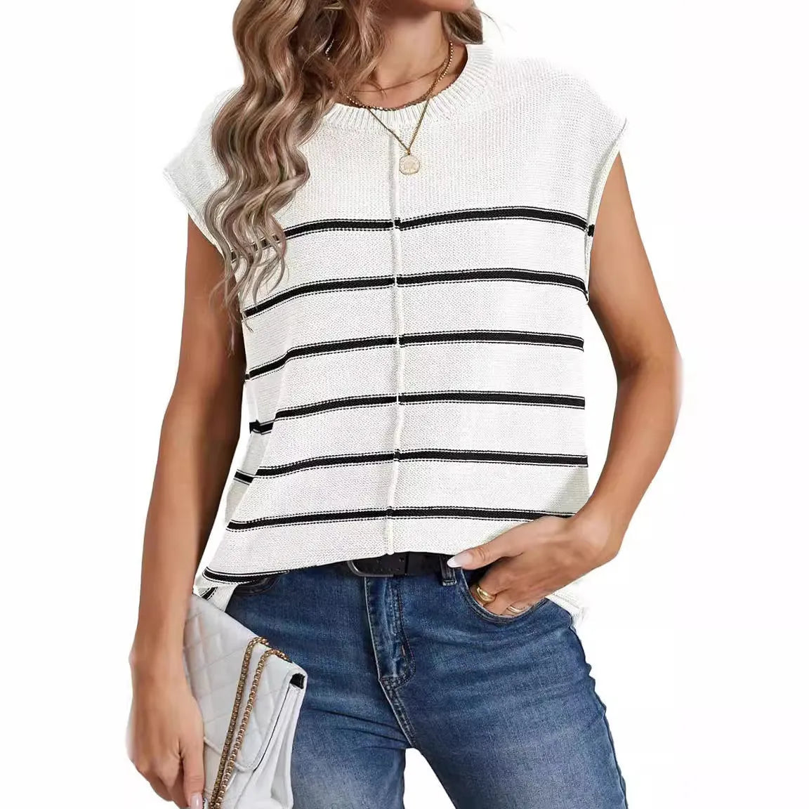 Striped sleeveless pullover vest top for women in a casual style.