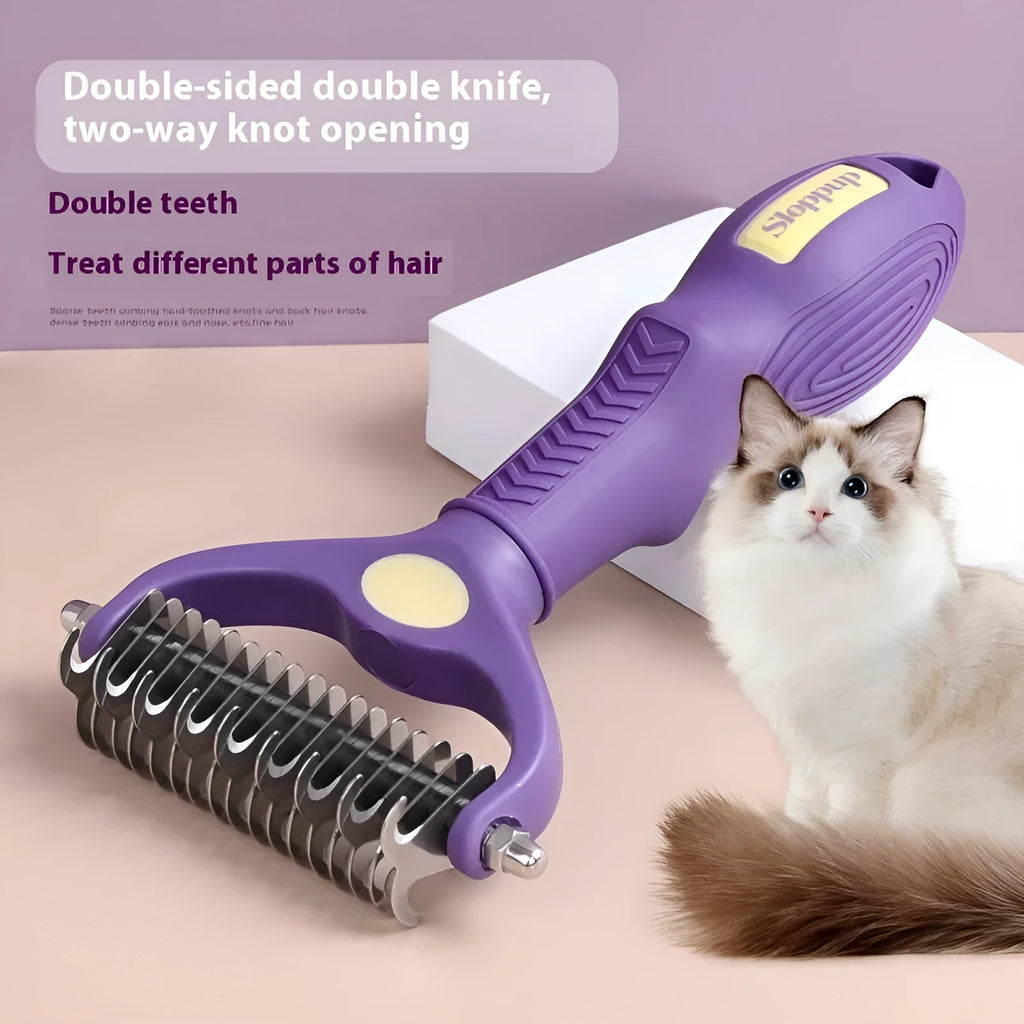 Purple double-sided plastic dog comb for removing knots and tangles from matted fur.