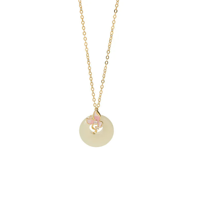Silver orchid necklace with peace buckle clasp and floral pendant on O-ring chain