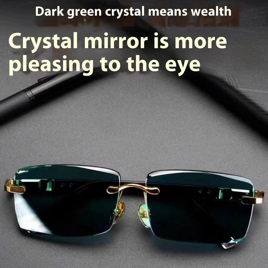 Dark green crystal frameless sunglasses with protective case and lens cleaning cloth