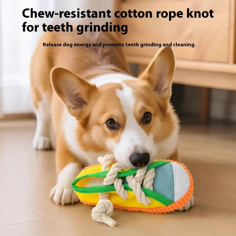 Plastic dog sound slippers chew toy in yellow, black, or blue with squeaker and textured bends