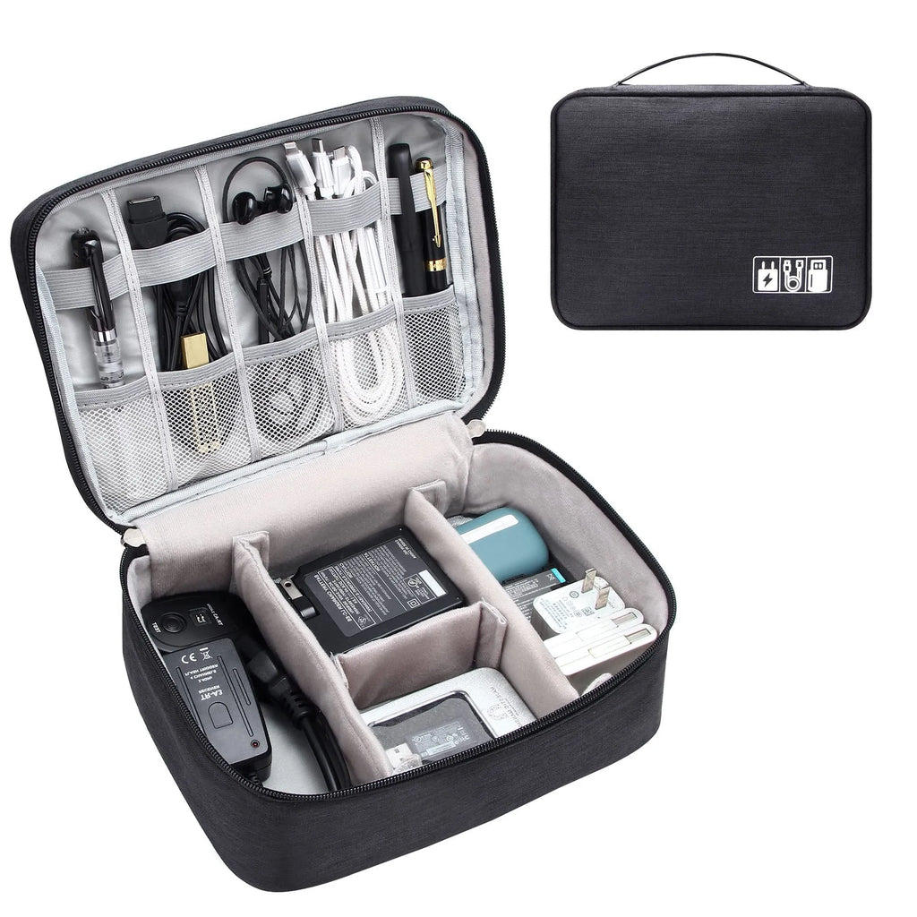Black or grey waterproof travel cable organiser bag open to show mesh pockets and removable padded dividers
