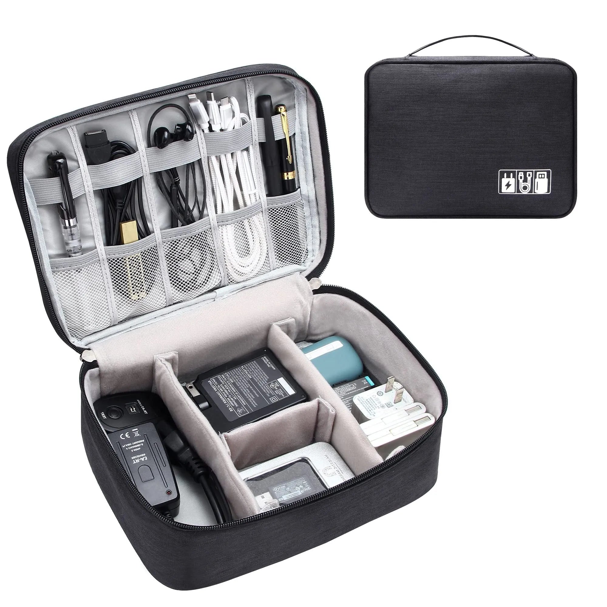 Black or grey waterproof travel cable organiser bag open to show mesh pockets and removable padded dividers